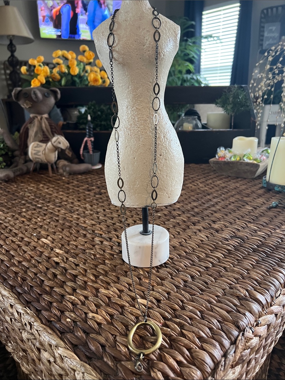 Jewel Kade Long Layered Necklace with Gold and Bronze Rings